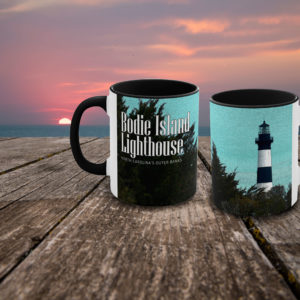Bodie Island Lighthouse OBX Mug in black, navy, blue, and red