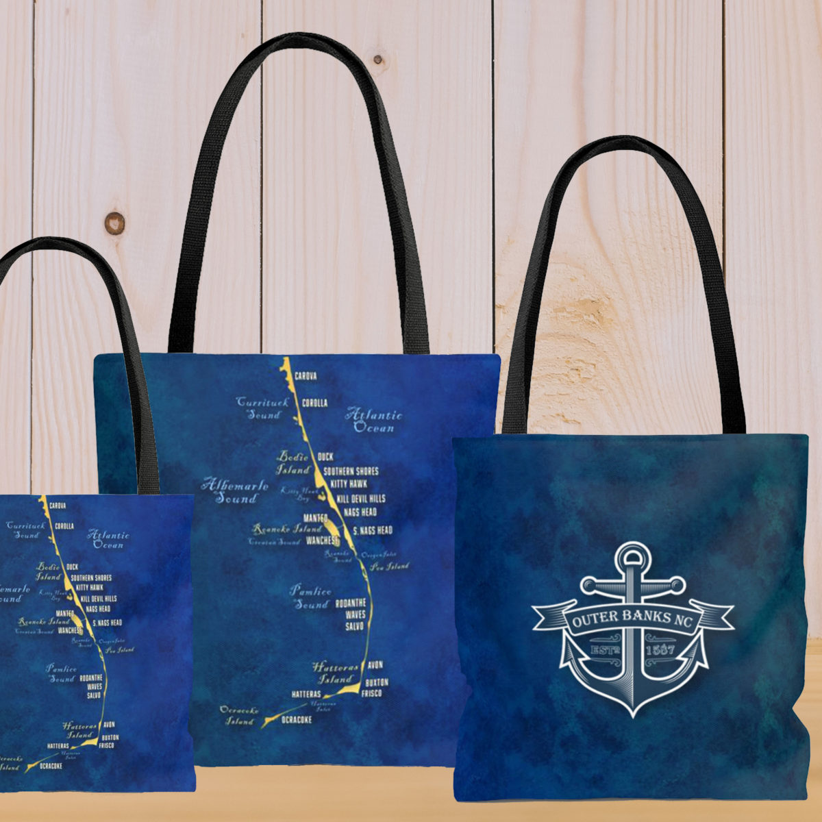 Illustrated Outer Banks Map Tote Bag - Artsy All-Over Design