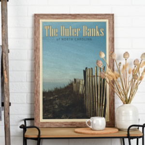Artsy retro travel posters from the beautiful Outer Banks of North Carolina. This one features the Outer Banks beach in Kitty Hawk.